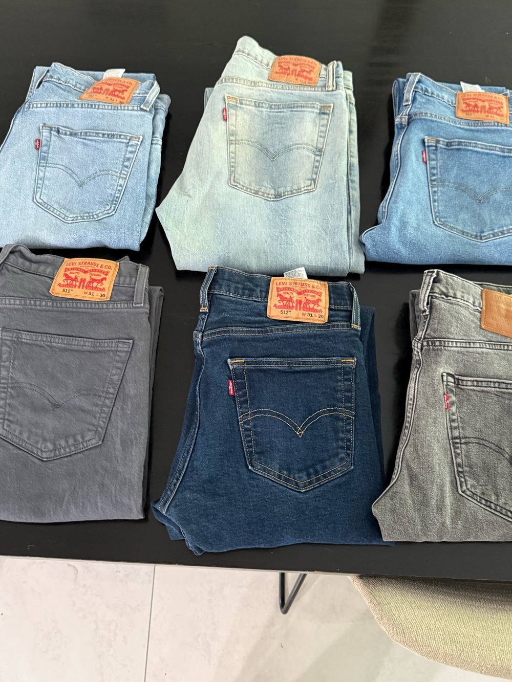 Levi's 512 bundle of 6 Denim Jeans - Light Blue, Medium Blue, Dark Blue, Gray
